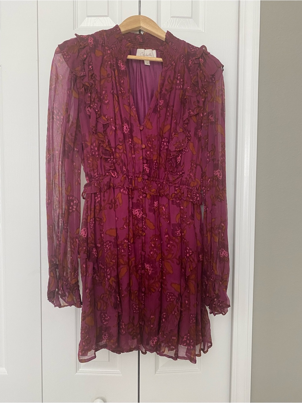 Cleobella Plum Floral Mini Dress with Ruffle Trim